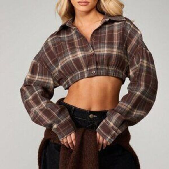 Tops - Multicolor Casual Women's Plaid Oversized Flannel Blouse